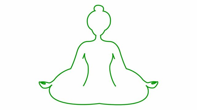 Animated girl is doing yoga sitting in lotus position. Linear green icon of woman meditates. Line is drawn gradually appearing. Modern design concept of yoga. Motion illustration on white background