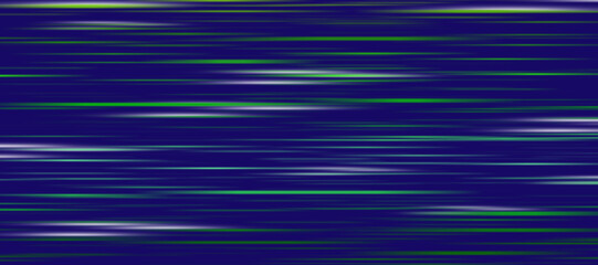 Blurry glowing green and white stripes in motion on a blue background.