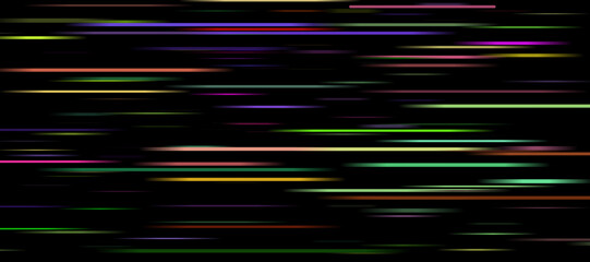 Glowing multicolored and blurred light stripes in motion on a dark background.