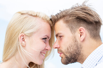 Couple in love tender passion. Close-up face each other of lovely pair. True love.