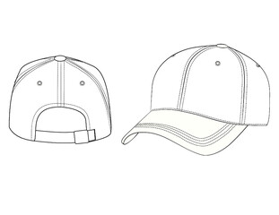 Customizable Fashion Baseball Cap Vector Illustration, Baseball Cap Hat OutLine Template, Flats Sketch, Clip Art Technical Fashion Flats Sketch High Quality Vector Outline, Dad Hat, Cap Fashion Flat