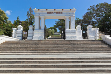 Gate of the central entrance of the memorial complex Malakhov Kurgan in the hero city of Sevastopol, Crimea