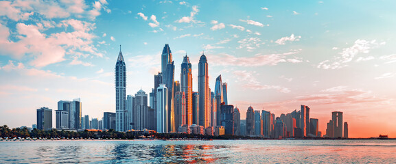 Dubai Marina skyscrapers and Jumeirah beach,Dubai,United Arab Emirates - obrazy, fototapety, plakaty