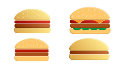 Vector ingredients for classic burger isolated on white. Ingredients: bun, cutlet, cheese, bacon, sauce, buns, tomato, onion, cucumbers, beefs ham. Fast food ingredient for burgers