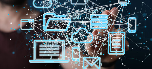 Data cloud storage network from lines, triangles and particle style design.