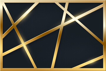 Abstract golden frame with geometric lines on blue textured background. 3d realistic modern horizontal template vector illustration. Simple object with gold pattern on wall