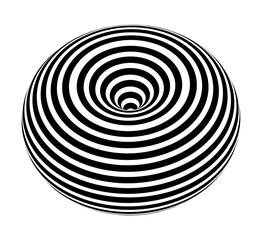 Striped torus on white background. Black stripes on modern circular geometric shape design vector illustration. Graphic optical illusion effect on object with striped pattern