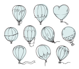 Set von Heißluftballons, Vektorlinienillustration