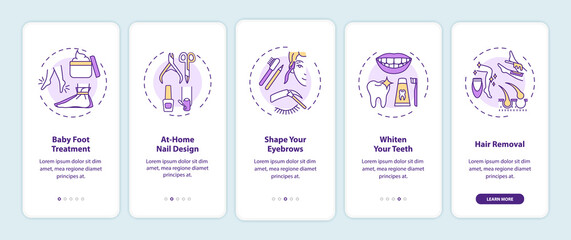 Home beauty procedures onboarding mobile app page screen with concepts. Baby foot treatment, nail design walkthrough 5 steps graphic instructions. UI vector template with RGB color illustrations