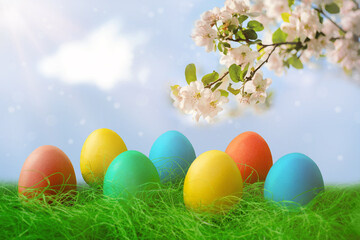 Happy Easter. A row of decorative Easter eggs on the green grass. On the background of the sky and apple tree flowers