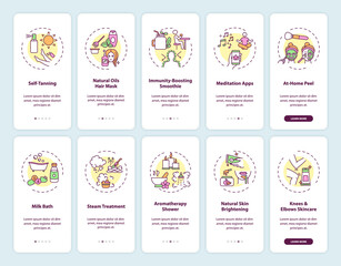 At-home beauty activities onboarding mobile app page screen with concepts set. Lockdown home spa walkthrough 5 steps graphic instructions. UI vector template with RGB color illustrations