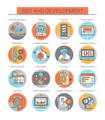 Design and development. Set of vector, color, linear icons. Set of icons for the site. The set contains icons such as sitemap, web design, technical assistance, development and other icons.
