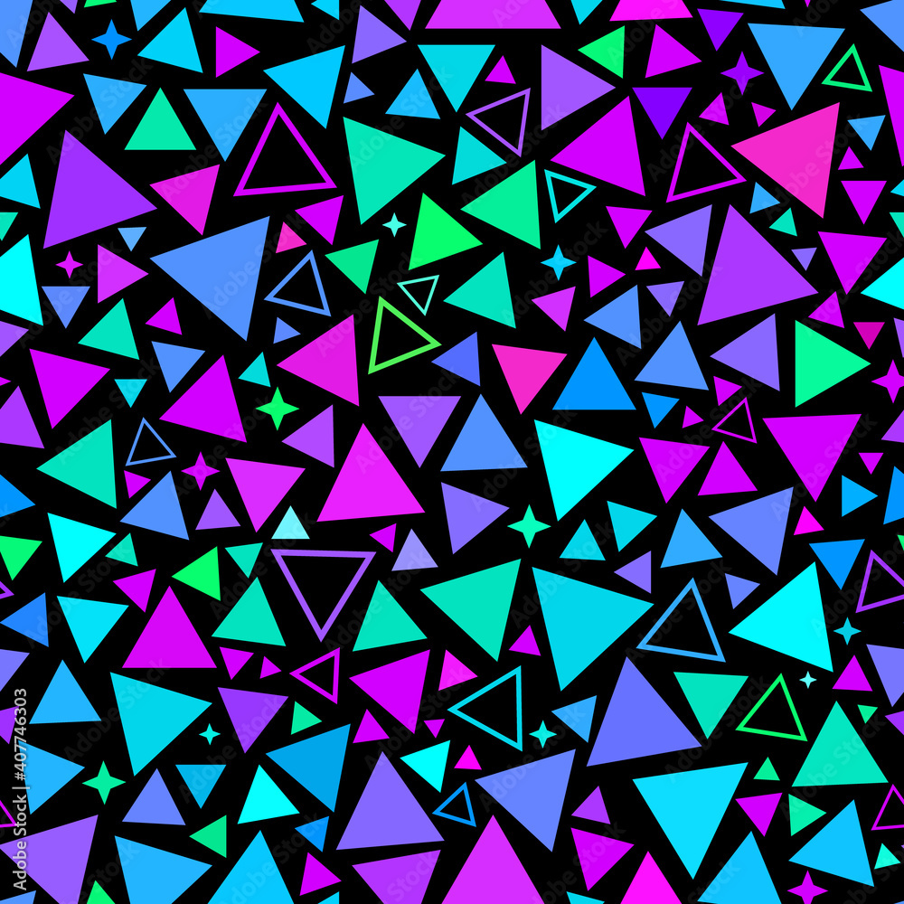 Wall mural neon retro pattern of multicolored bright triangles and stars