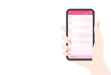 スマートフォン・メッセージアプリイメージ素材：スマホを持つ女の人の手とトーク画面
