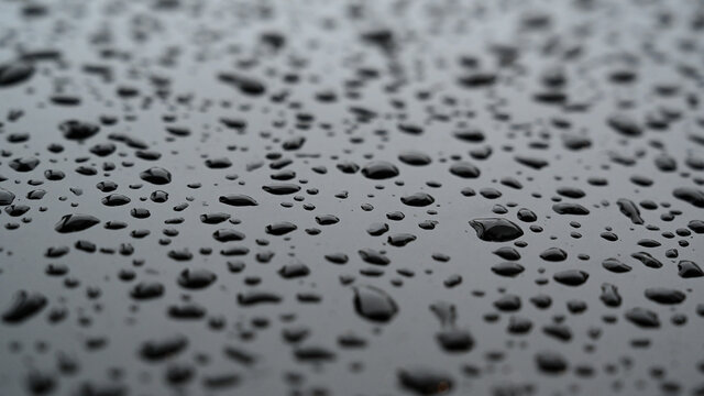Fresh water drops on a black varnished or lacquered surface background