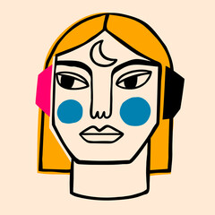 illustration of a person in Ink painting style. Surreal Face. Hand drawn portrait in modern abstract graphic style.