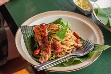 fusion food, Spicy Spaghetti bacon