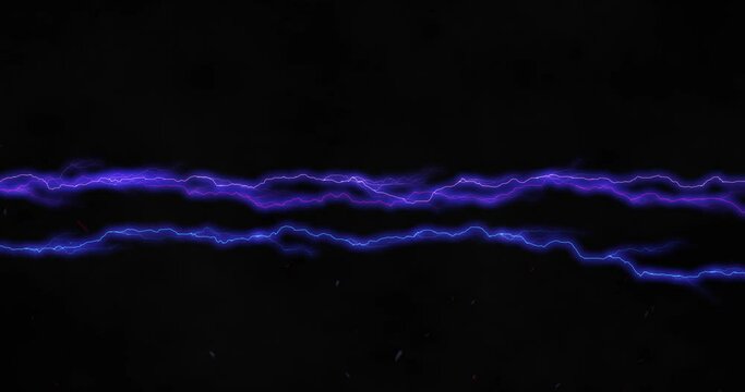Purple bolts of electrical current moving horizontally across a black background
