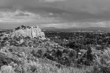 Black and white view of spring storm clouds, Stoney Point Park and the San Fernando Valley near Topanga Canyon Blvd, Porter Ranch and Chatsworth in Los Angeles, California.