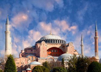 Fototapeta na wymiar Exterior of famous ancient Hagia Sophia, Ayasofya temple in Sultanahmet district in Istanbul, Turkey