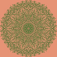 Round pattern of linear elements in shades of green on an orange background for the cover.