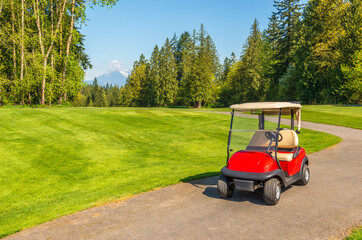 Golf carts on a golf course.