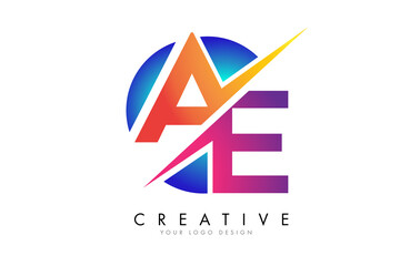 Colorful AE A E Letter Logo Design with a Creative Cut and Gradient Blue Rounded Background.