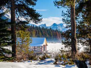 Beautiful winter view of Maligne Lake Boathouse, in Jasper National Park, Canada