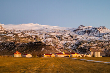 A Farm in Front of the volcano eyjafjallajökull, Iceland, Europe in Winter