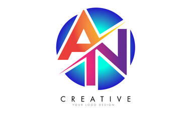 Colorful AN A N Letter Logo Design with a Creative Cut and Gradient Blue Rounded Background.