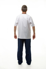Fototapeta premium Man showing doctor's clothes, back view, isolated on white background