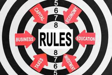 On the target, arrows with business lettering point to the center on a business card with the inscription - RULES