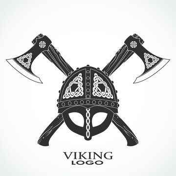 viking ornamental helmet with crossed axes heraldry logo design