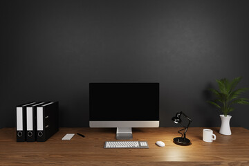 modern clean office workspace with computer; white isolated empty screen in front of dark concrete wall; 3D Illustration