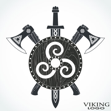viking arms set shield axe and sword heraldry logo design