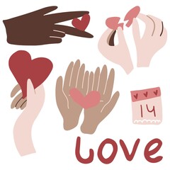 illustration with hands of variety colors with pink and red hearts. Set of six elements on the theme of love