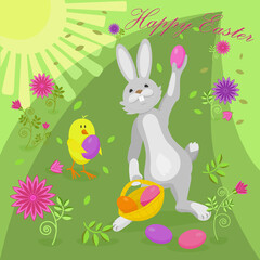 Happy Easter. The Easter bunny. Vector illustration with Easter bunny and chicken for animation. The rabbit distributes Easter eggs for the holiday. In the paws of a rabbit, a basket with bright Easte