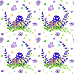 Watercolor Easter seamless pattern with easter eggs, flowers and lavenser wreath.