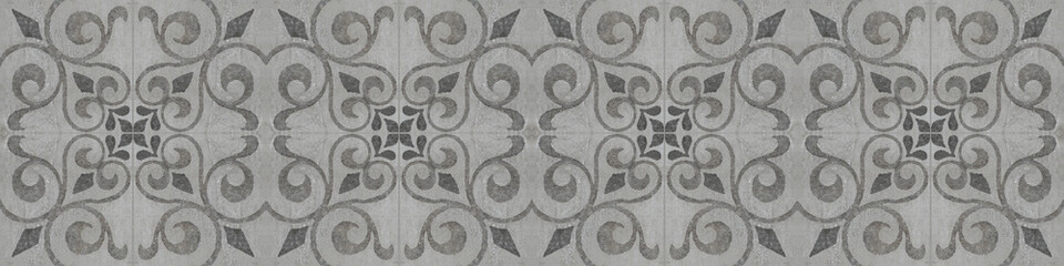 Old gray grey anthracite vintage shabby damask floral flower leaves patchwork tiles stone concrete cement wall texture background banner panorama