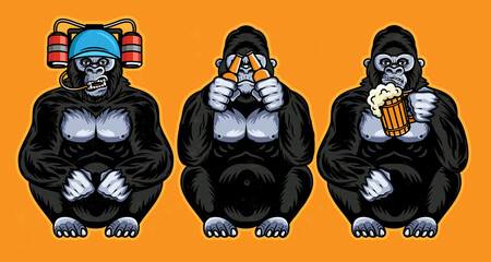 Three Wise Gorillas With Beer. Vector Illustration.