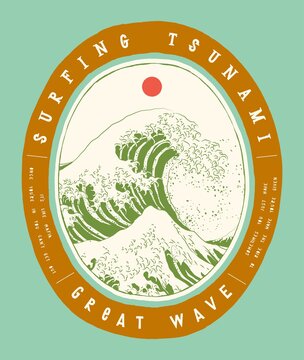 Surfing Tsunami. Great Wave off Kanagawa vintage typography Japanese surfing t-shirt print.