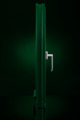 Green aluminium profile window on reflective glass on black background 