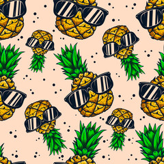 Seamless pattern with pineapples with sunglasses in engraving style. Design element for poster, card, banner, sign. Vector illustration