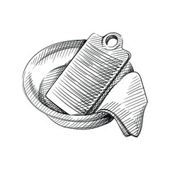 Hand drawn sketch of washing board, rag and water basin on a white background. Laundry, clothes washing routine