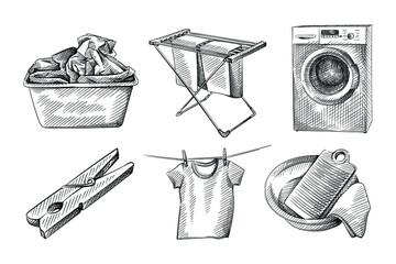 Hand drawn sketch set of Laundry, clothes washing routine. T-shirt hanging on rope, of washing board, rag and water basin, Clothespin, clothes dryer, Basket with dirty clothes - 407756337