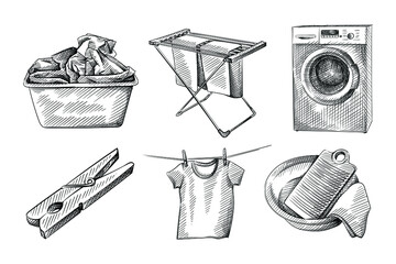 Hand drawn sketch set of Laundry, clothes washing routine. T-shirt hanging on rope, of washing board, rag and water basin, Clothespin, clothes dryer, Basket with dirty clothes