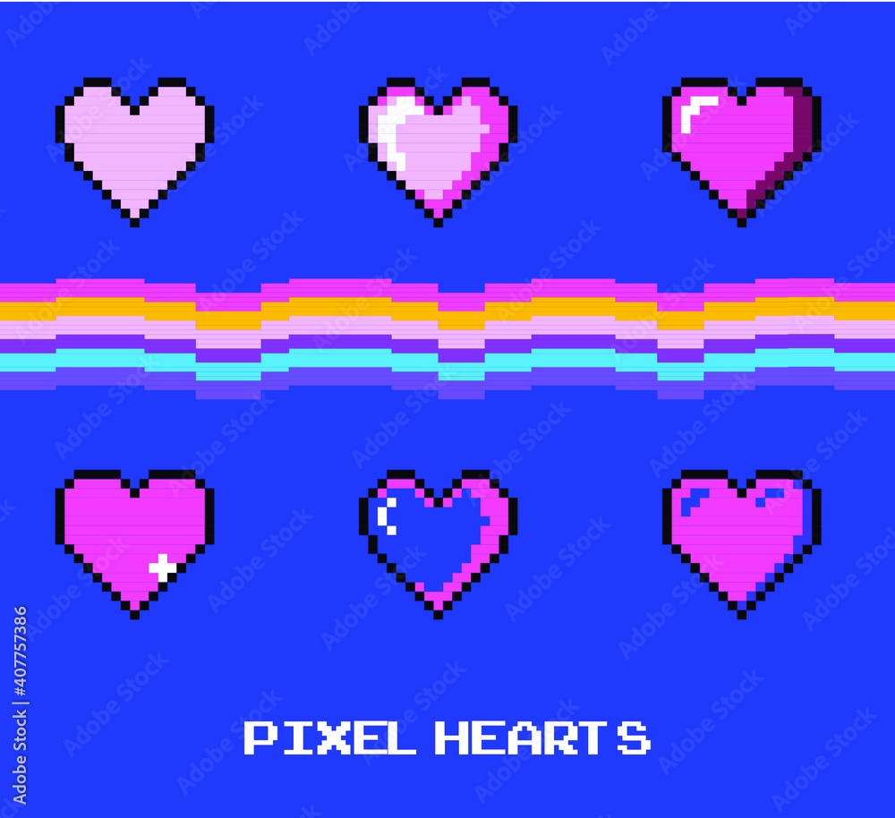 Poster set of pixel art heart icons. vector 8-bit retro style illustration.