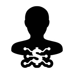 Digital dollar icon vector currency symbol with male user person profile avatar for digital currency in a glyph pictogram illustration