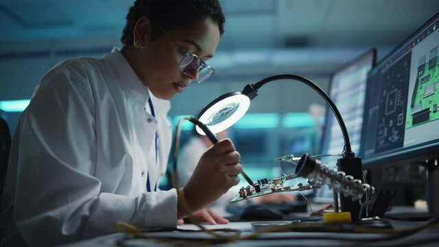 Modern Electronics Facility: Beautiful Black Female Scientist, Engineer Does Printed Curcuit Motherboard Soldering. Does Design, Development of Industrial PCB, Silicon Microchips, Semiconductors