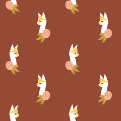 seamless pattern with cute baby girl llamas, flowers, leaves on brown background